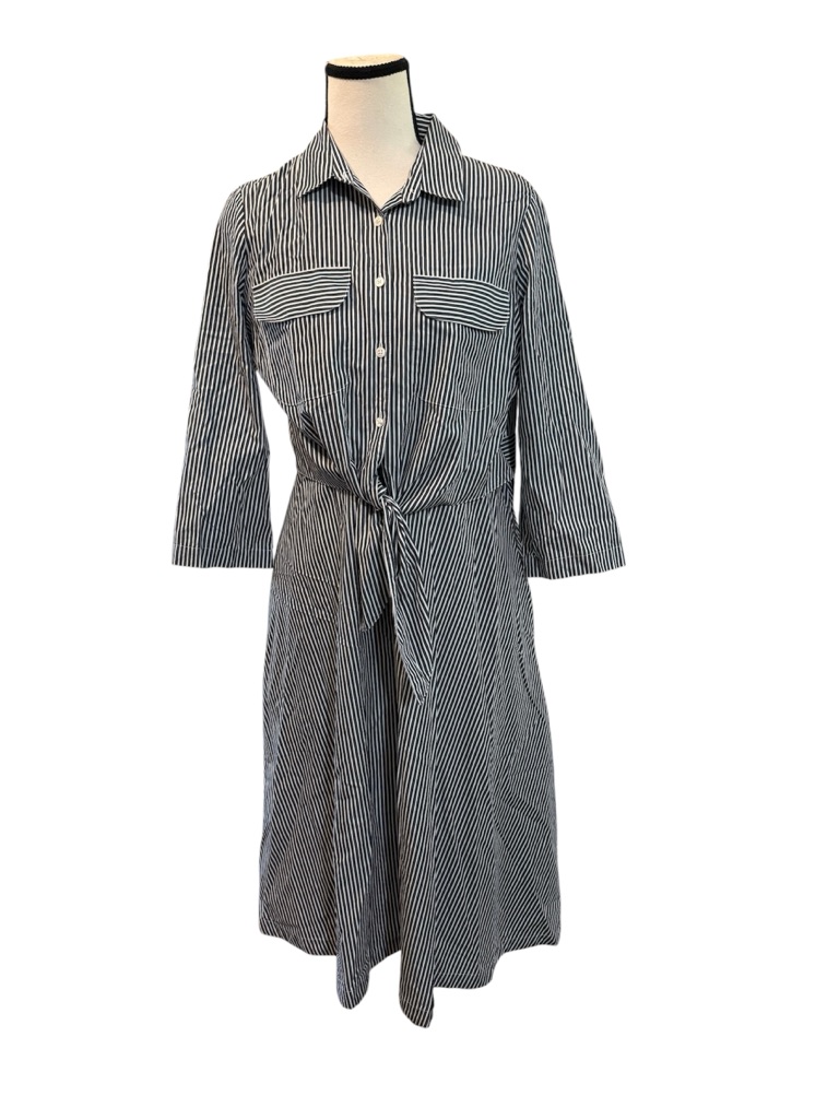Brooks Brothers | Dark Blue And White Striped Tie-Waist Shirt Dress Size 8